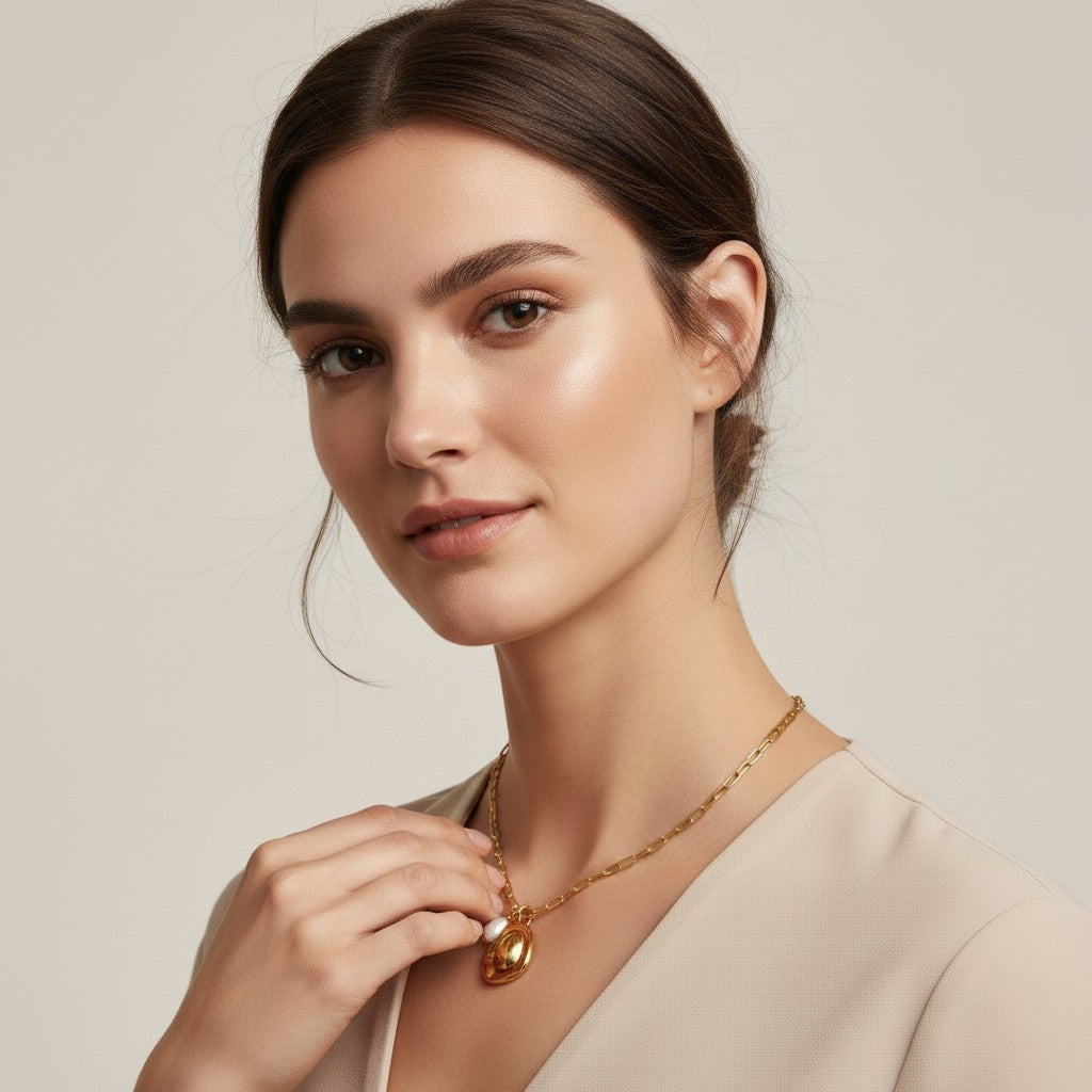 Seraphina Treasures gold necklace with hat-shaped pendant and pearl accent. Delicate chain.