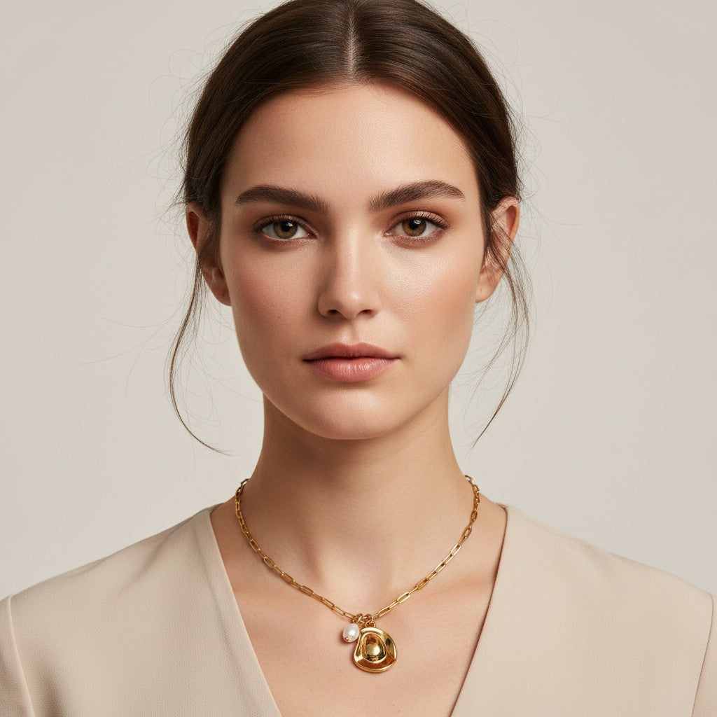 Seraphina Treasures gold necklace with a hat-shaped pendant and freshwater pearl accent.