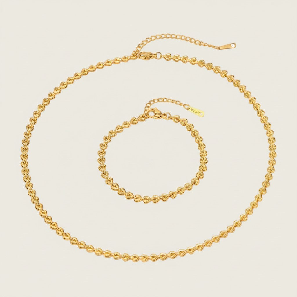 Seraphina Treasures gold-tone stainless steel necklace and bracelet set with delicate heart chain design.