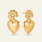 Seraphina Treasures gold heart earrings with daisy and cubic zirconia detail. Romantic and elegant.