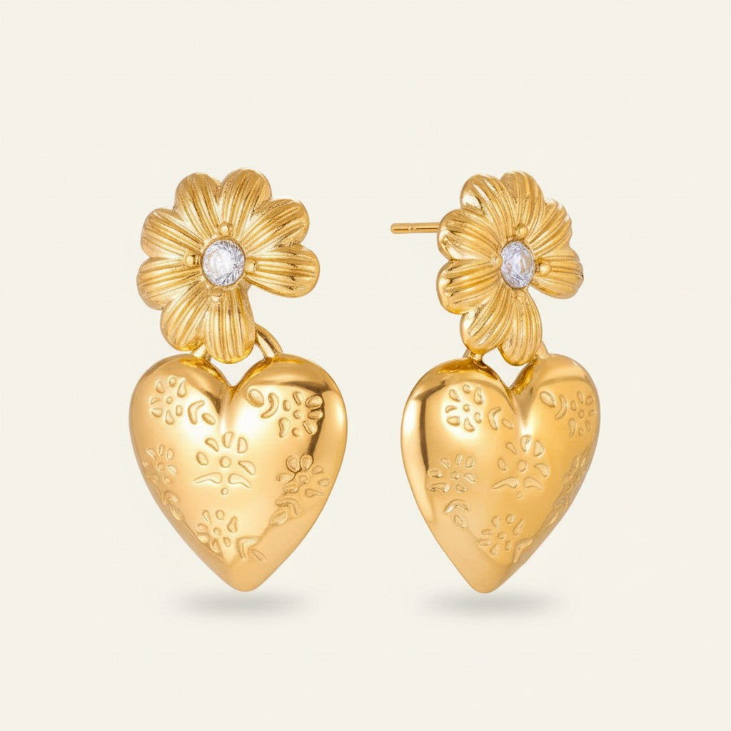 Seraphina Treasures gold heart earrings with daisy and cubic zirconia detail. Romantic and elegant.