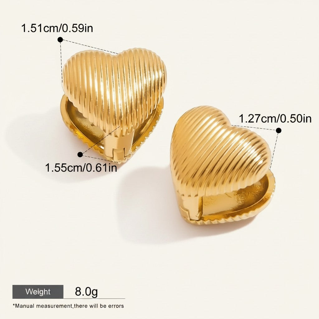 Seraphina Treasures gold ribbed heart earrings with modern design and subtle texture. Lightweight and hypoallergenic.