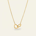Seraphina Treasures gold-tone necklace with two intertwined hollow hearts, symbolizing connection and affection.
