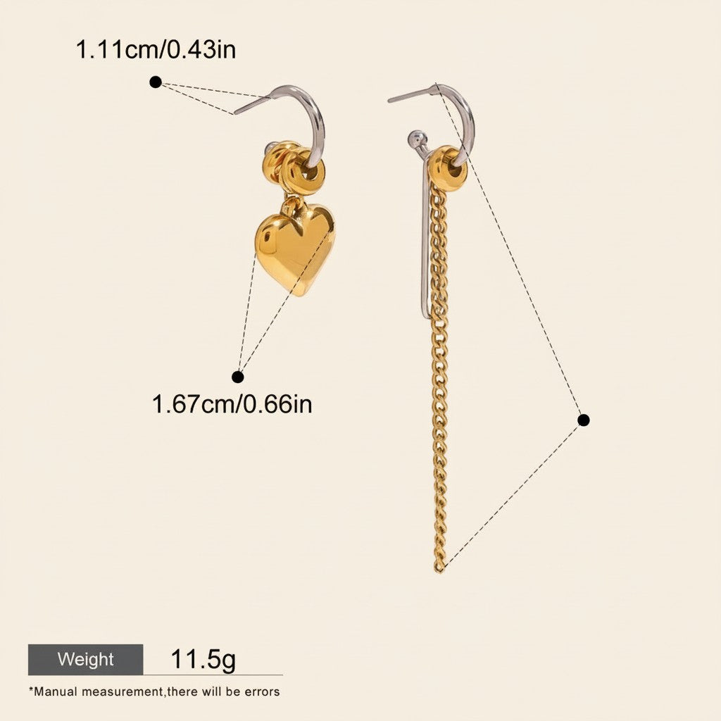 Seraphina Treasures gold heart and chain dangle earrings with tassel detail. Waterproof and hypoallergenic.