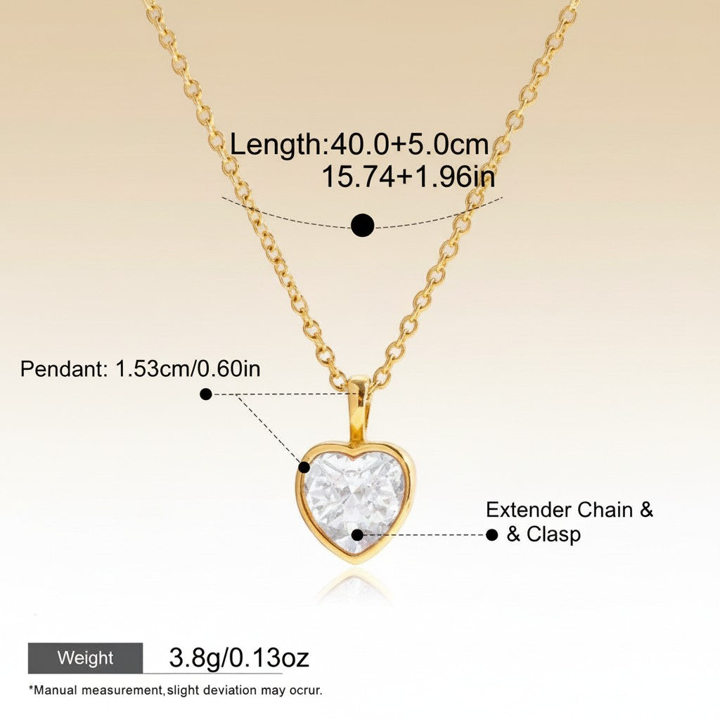 Seraphina Treasures gold heart necklace with clear zircon stone and extender chain. Waterproof and hypoallergenic.