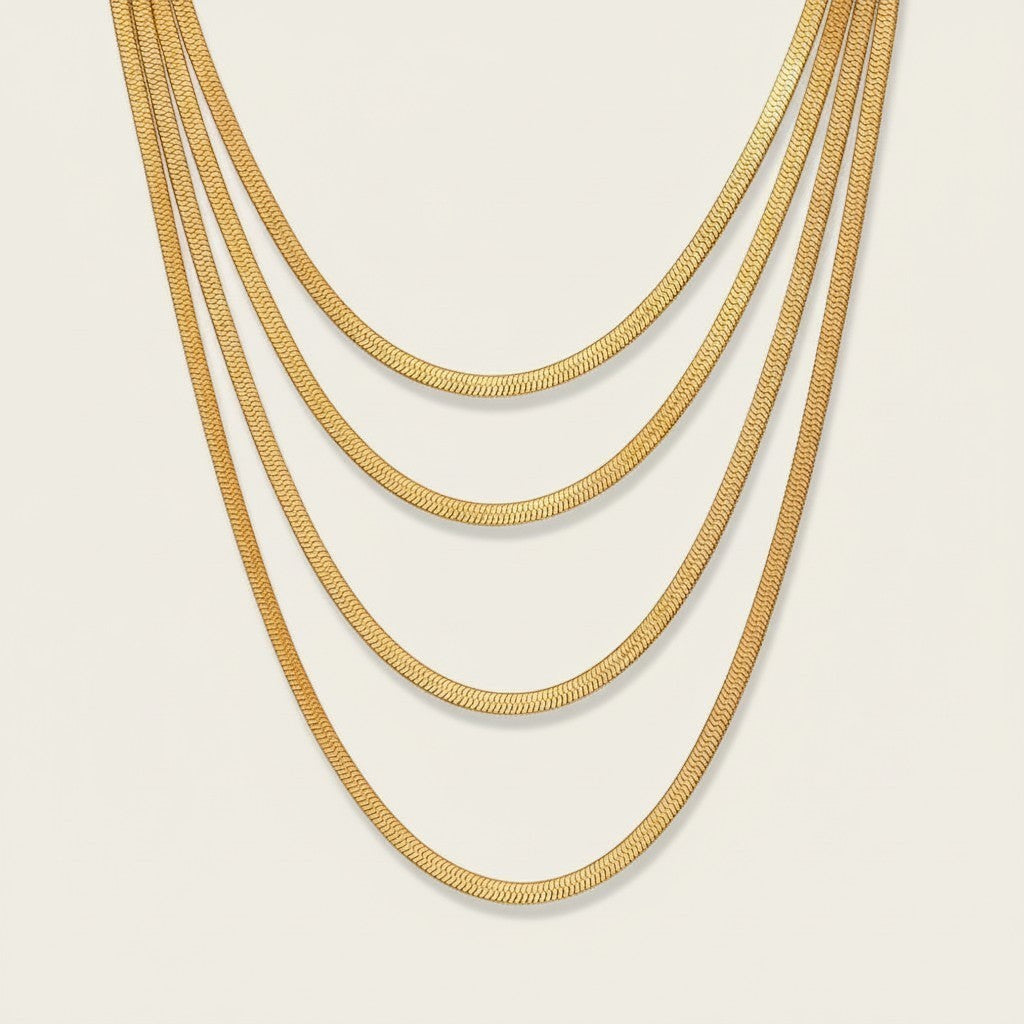 Seraphina Treasures Iridelle gold herringbone chain necklace set, perfect for layering or solo wear.