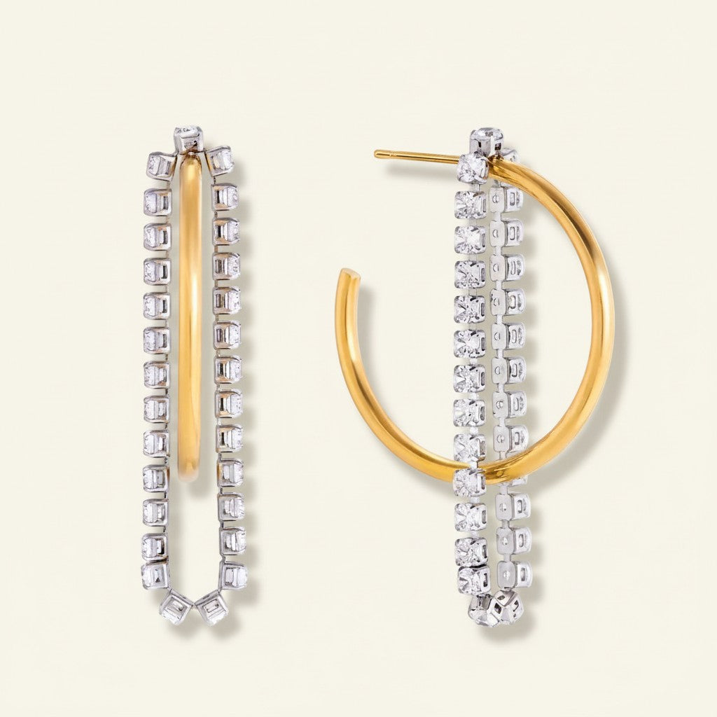 Seraphina Treasures gold hoop earrings with dangling chains of clear zircon stones. Elegant drop earrings.