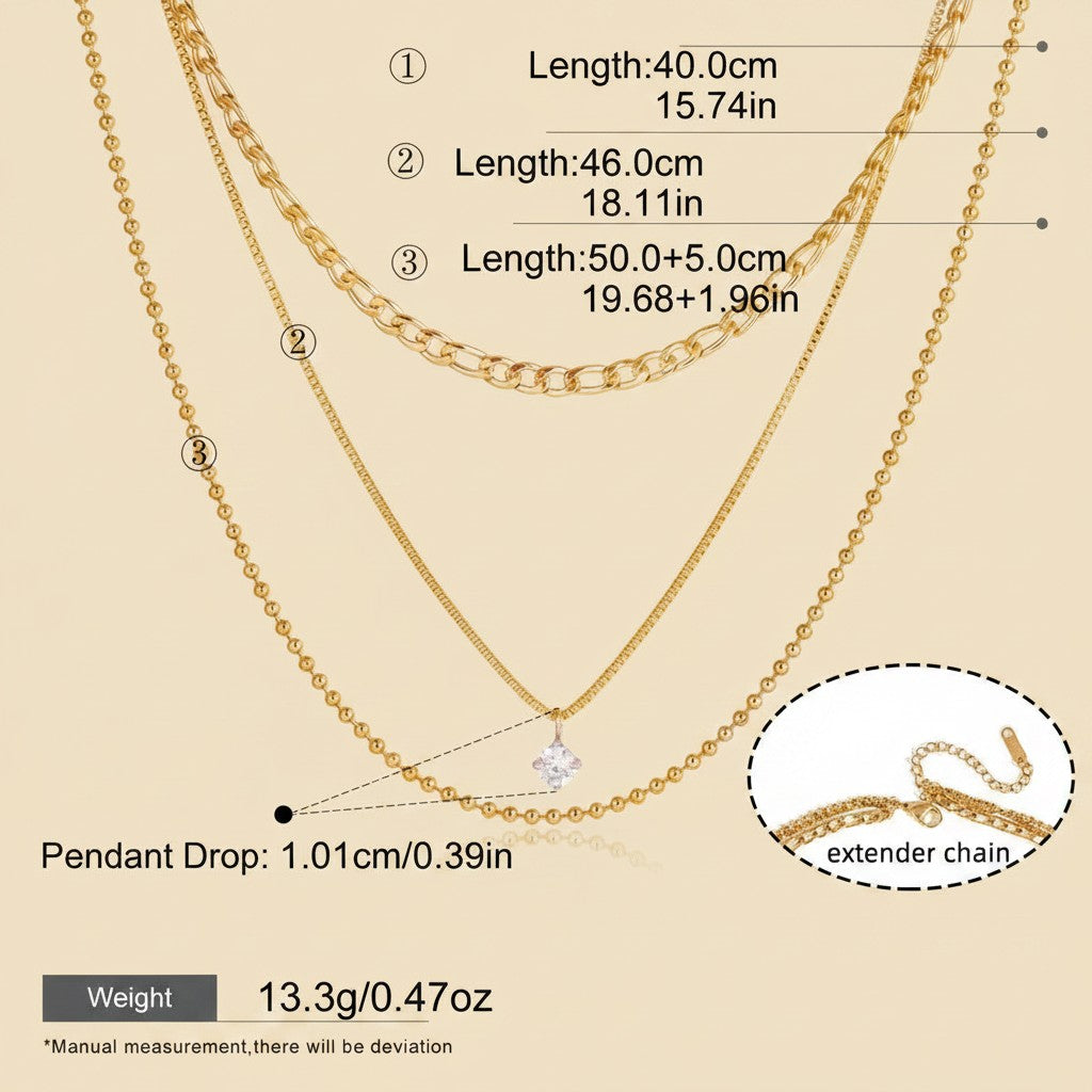 Seraphina Treasures gold three-layer necklace with a round zircon pendant and extender chain. Waterproof and hypoallergenic.