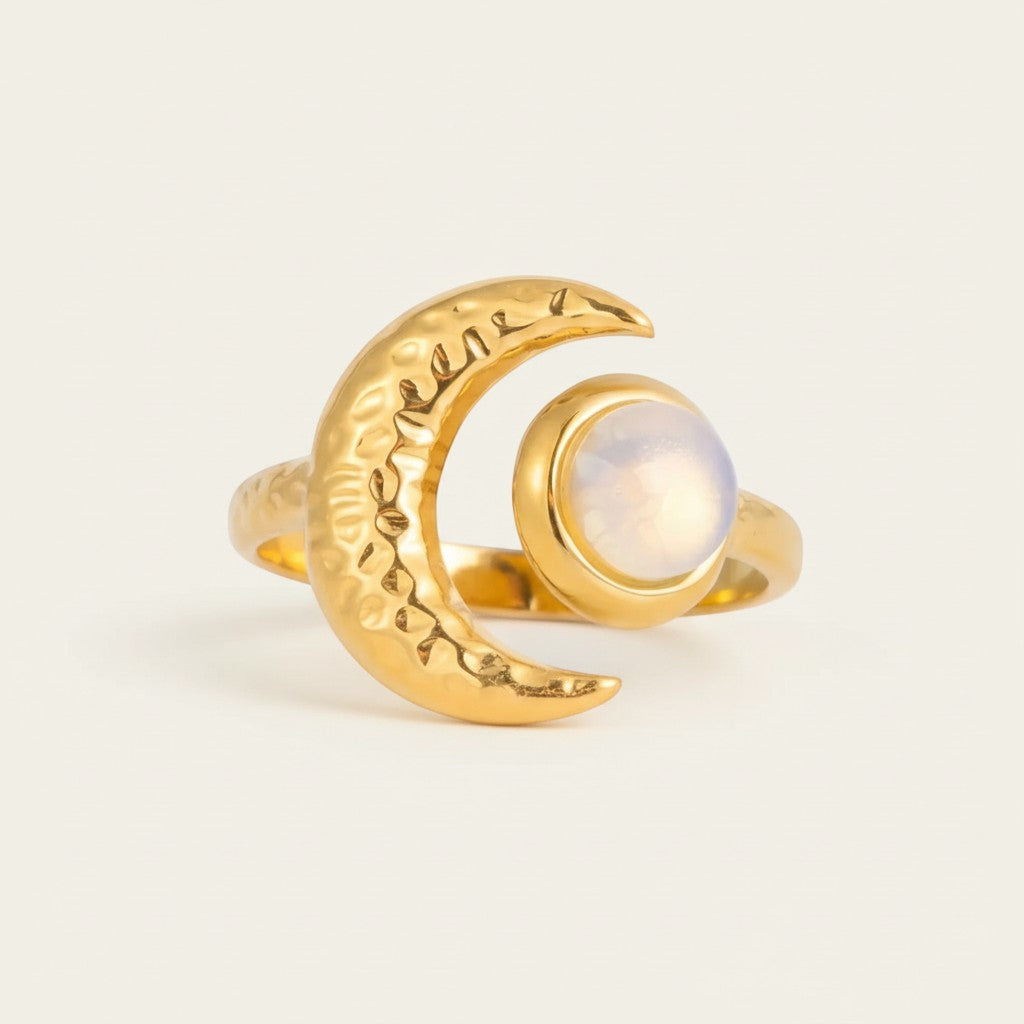 Seraphina Treasures gold plated ring with hammered crescent moon and iridescent opal stone.