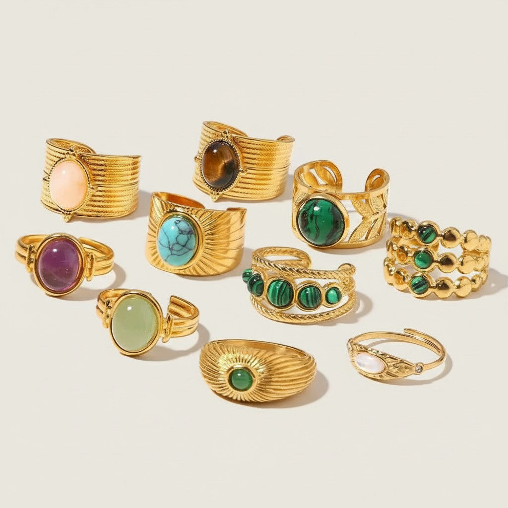 Seraphina Treasures gold-tone adjustable rings with natural stones like turquoise, malachite, amethyst, and tiger's eye.