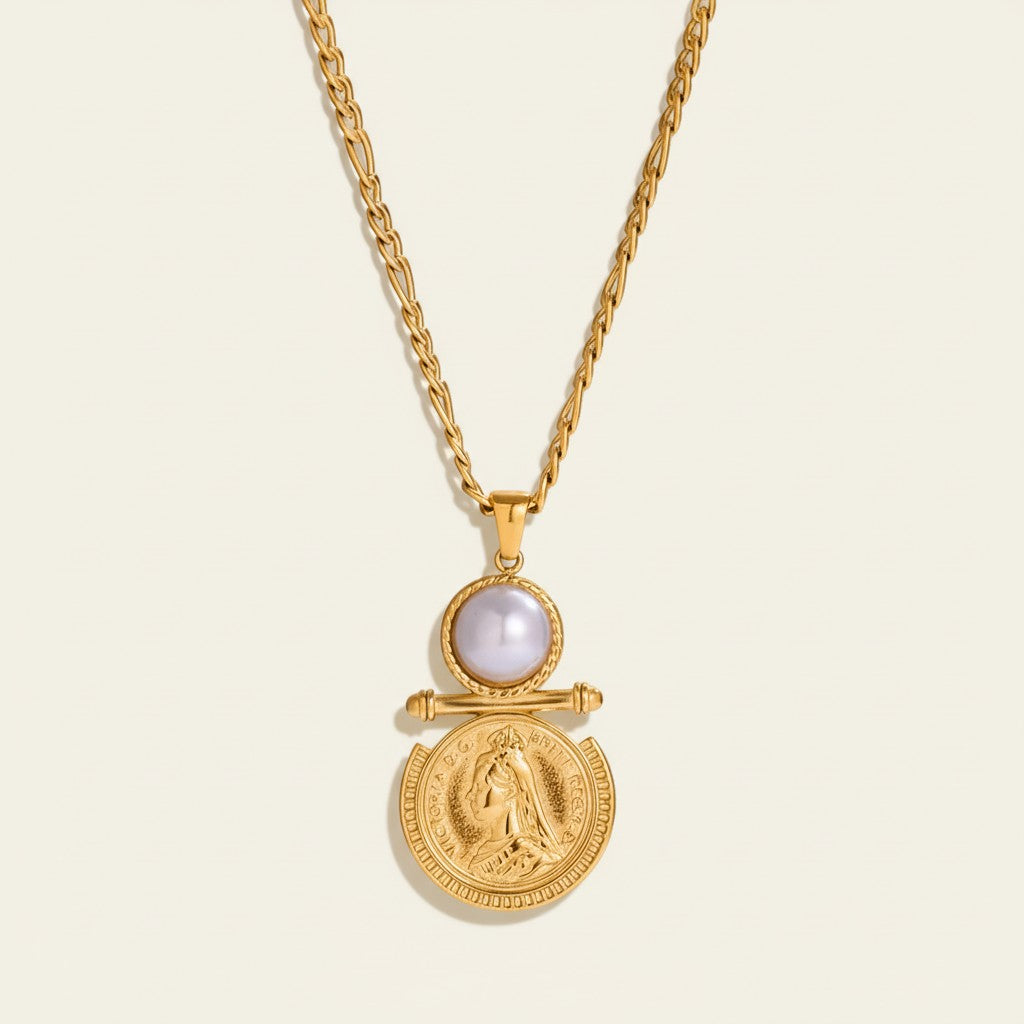 Seraphina Treasures gold necklace with faux pearl and coin pendant, figaro chain.