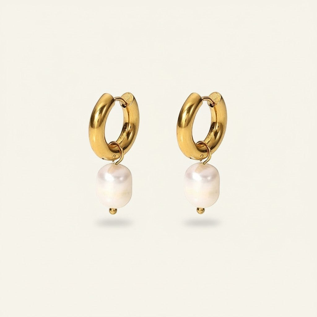 Seraphina Treasures Eirianna gold hoop earrings with white pearl drop.