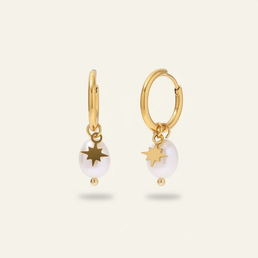 Seraphina Treasures gold hoop earrings with freshwater pearl and star charm. Elegant and lightweight.