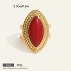 Seraphina Treasures gold-tone adjustable ring with a red marquise-shaped stone and rope-like textured border.