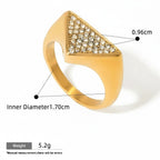 Seraphina Treasures Olyra gold ring with triangular rhinestone-embellished face. Modern, elegant, and waterproof.