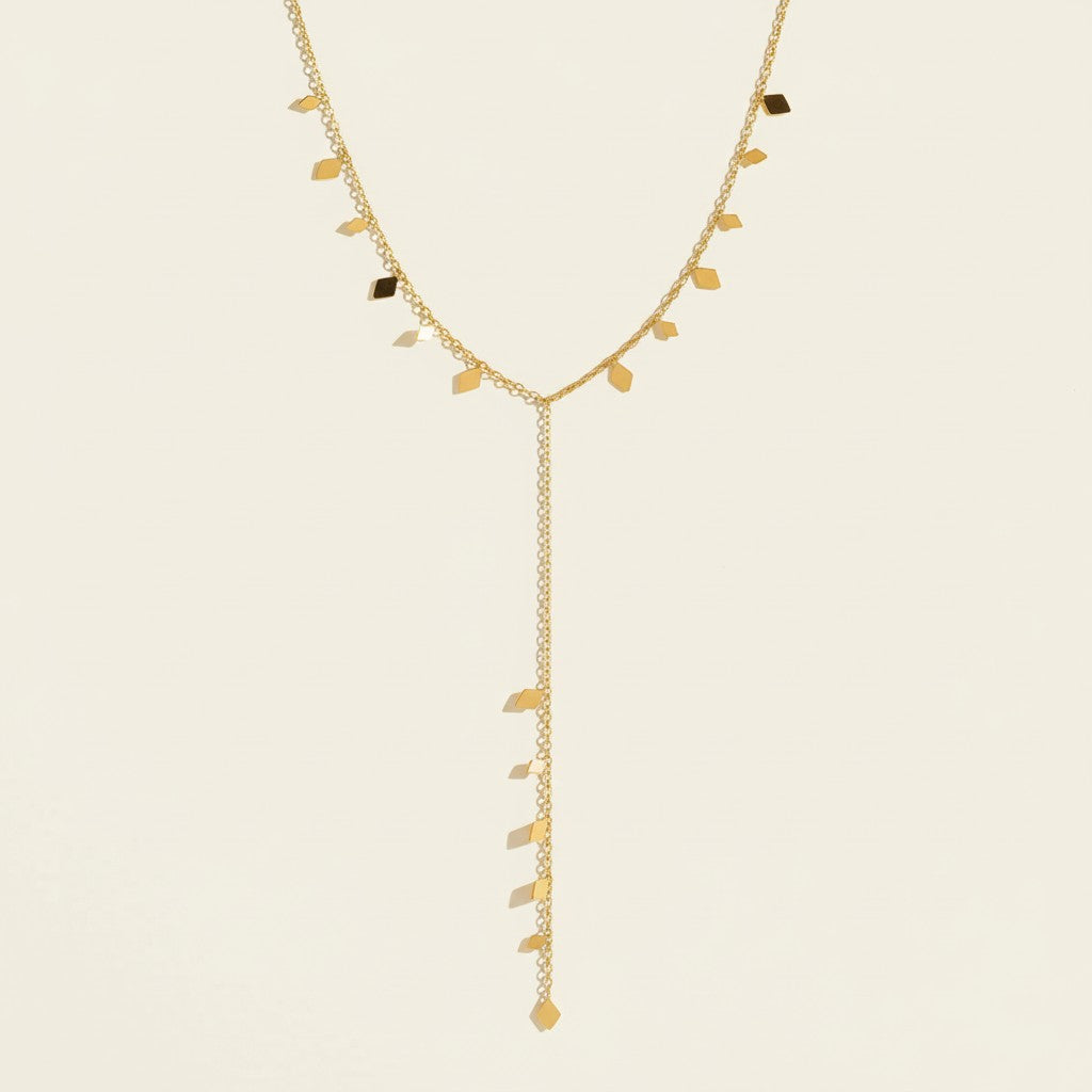 Seraphina Treasures Anippe gold Y-necklace with rhombus charms, perfect for modern elegance.