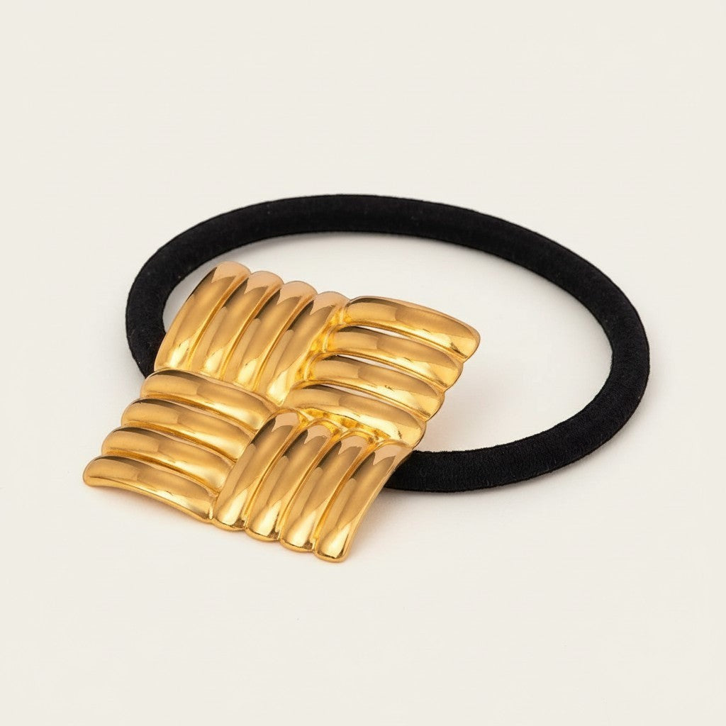 Seraphina Treasures gold square ribbed textured hair tie with black elastic band.
