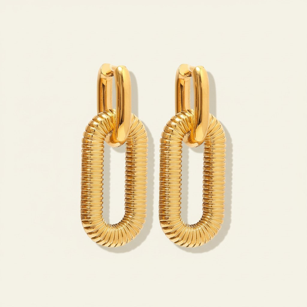 Seraphina Treasures Eirlys gold plated oval link drop earrings with ribbed texture.