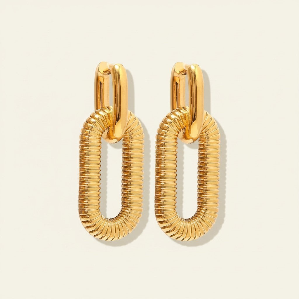 Seraphina Treasures Eirlys gold plated oval link drop earrings with ribbed texture.