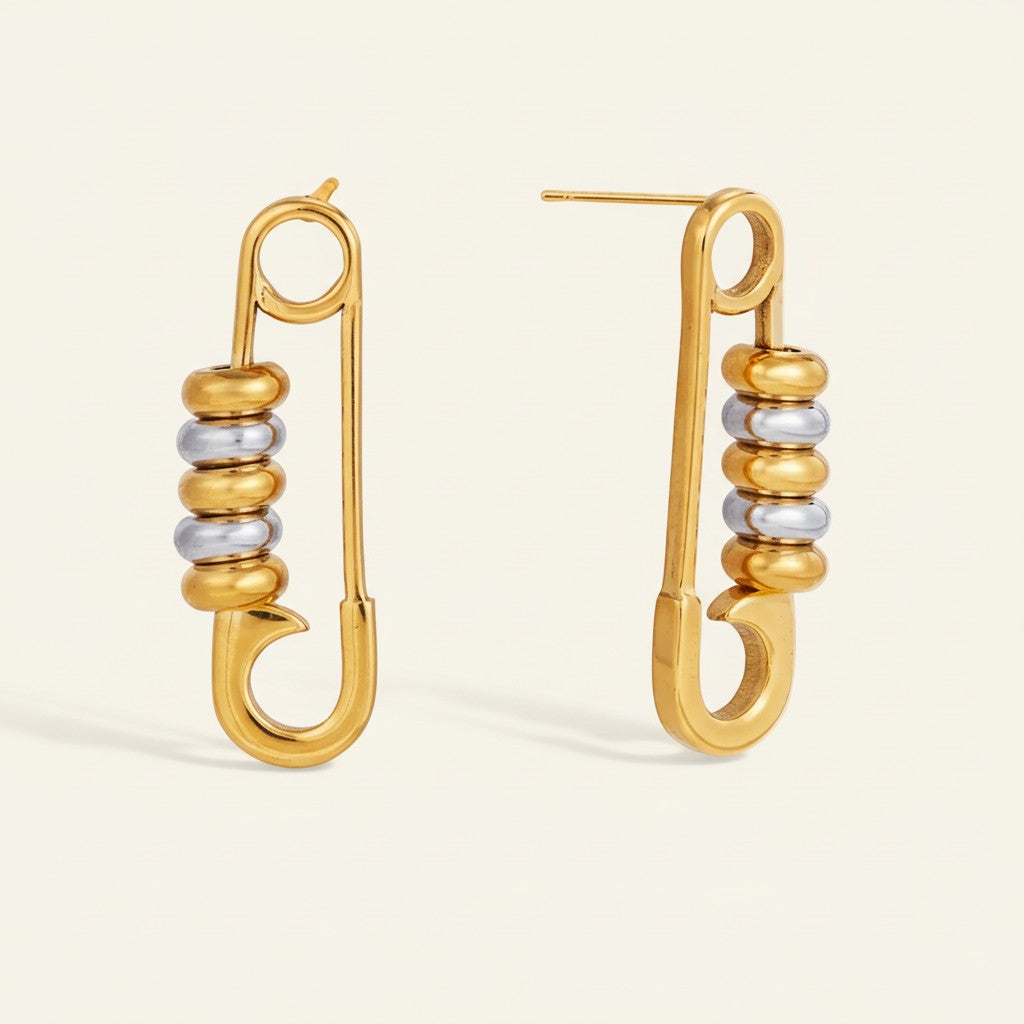 Seraphina Treasures Erebryn gold safety pin earrings with stacked gold and silver beads.