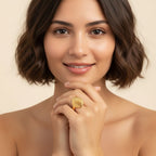 Seraphina Treasures gold double scallop texture ring on a woman's finger, elegant and sophisticated.