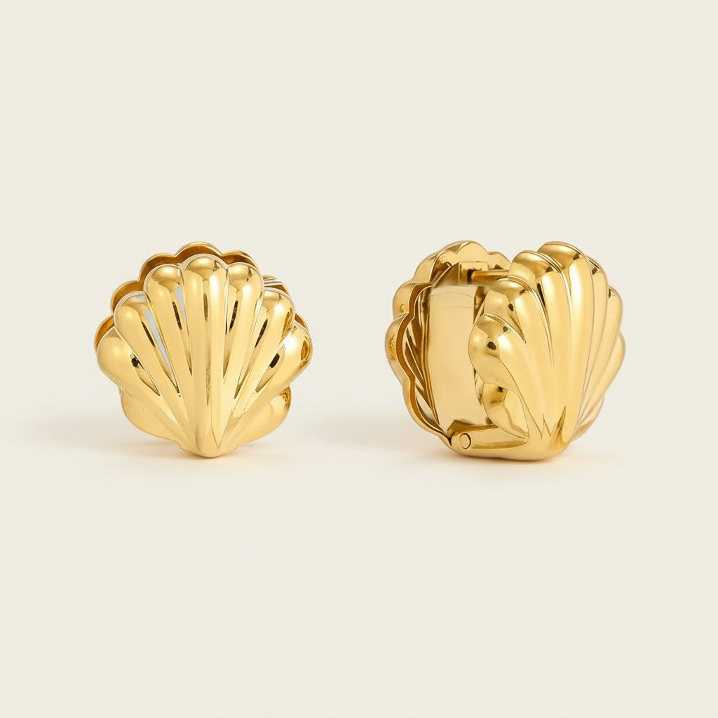 Seraphina Treasures gold shell stud earrings, minimalist coastal jewelry.