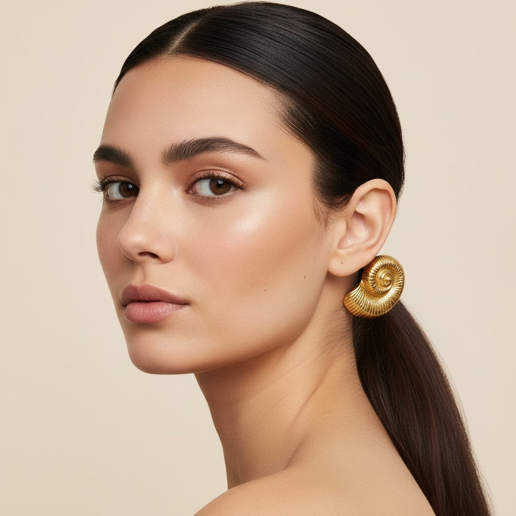 Seraphina Treasures gold fossil shell hair rope with a black elastic band.