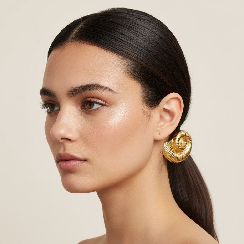 Seraphina Treasures gold fossil shell hair rope with black elastic band.