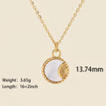 Seraphina Treasures gold necklace with a round pendant featuring a white shell inlay and a sunburst design.