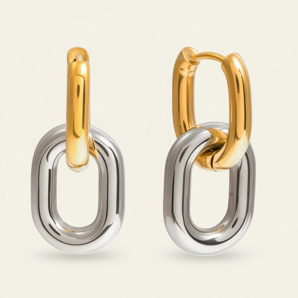 Seraphina Treasures Agnethra two-tone gold and silver link drop earrings. Minimalist, contemporary, and versatile.
