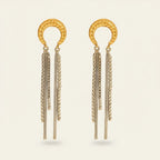 Seraphina Treasures gold crescent moon earrings with silver chain tassels. Elegant, lightweight, bohemian style.