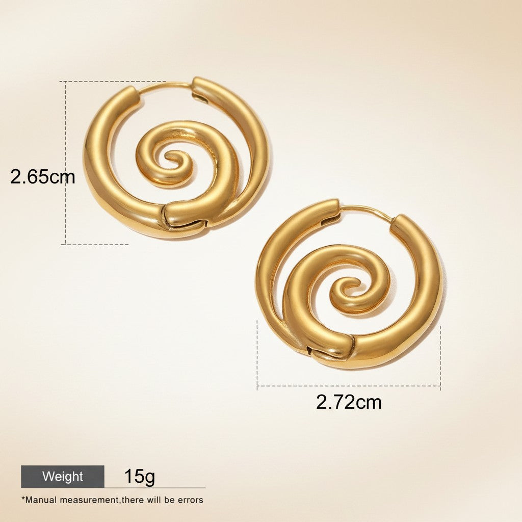 Seraphina Treasures gold spiral hoop earrings with a polished finish, 2.65cm diameter.