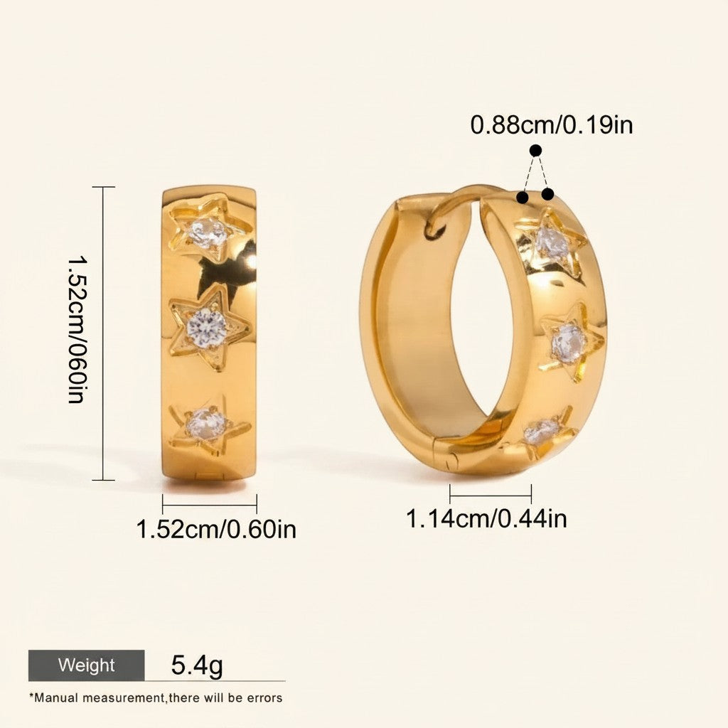 Seraphina Treasures gold hoop earrings with star cutouts and clear zirconia accents. Waterproof and hypoallergenic.