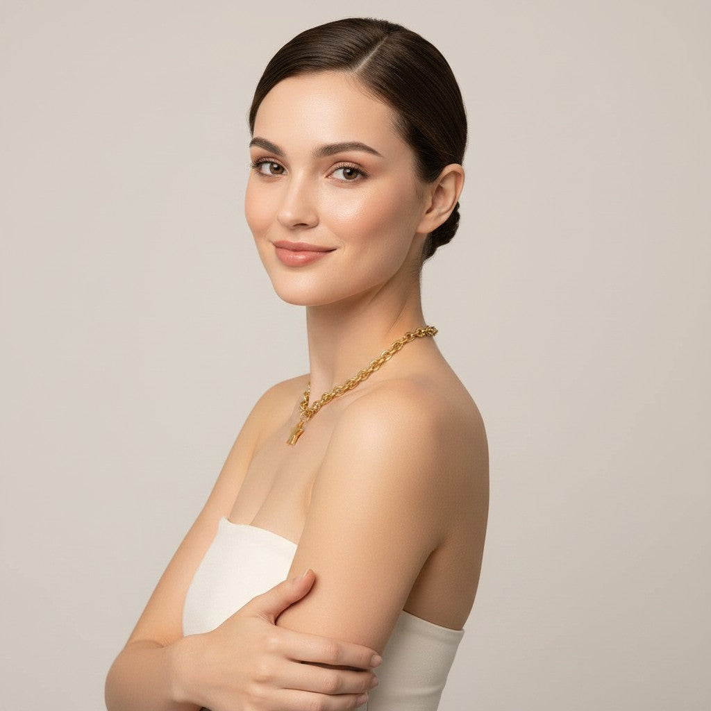 Seraphina Treasures Orla gold chain necklace with a star pendant. Model wearing a white strapless top against a neutral background.