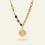 Seraphina Treasures gold-tone necklace with a sun pendant, colorful beads, and a chunky chain.