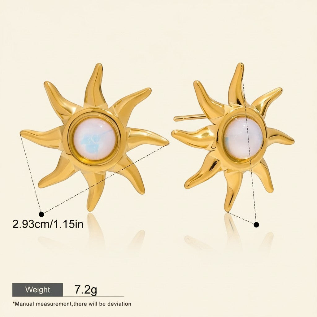 Seraphina Treasures Ophelia gold sun stud earrings with white opal center, 2.93cm.