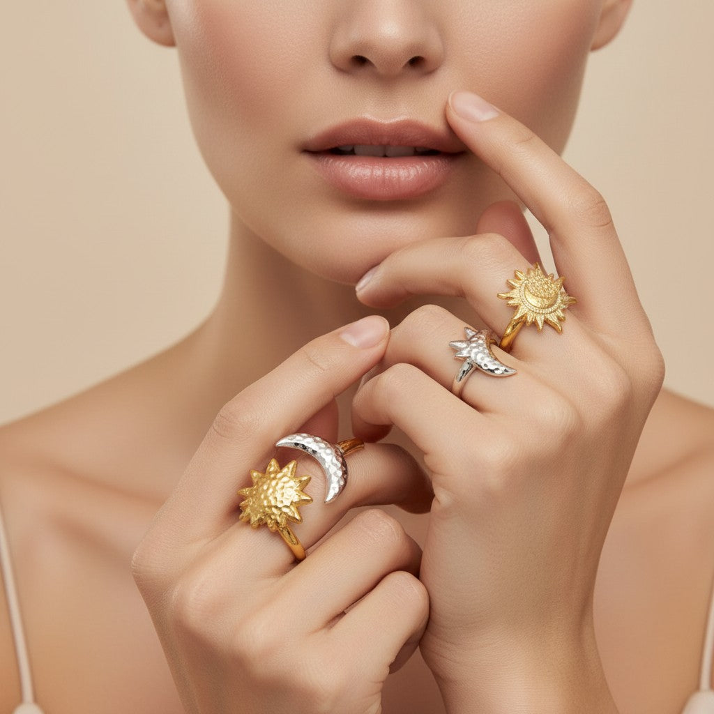 Seraphina Treasures gold open rings with sun and moon celestial motifs, adjustable fit.