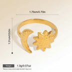 Seraphina Treasures gold open ring with sun and moon celestial motifs, adjustable, waterproof, hypoallergenic.