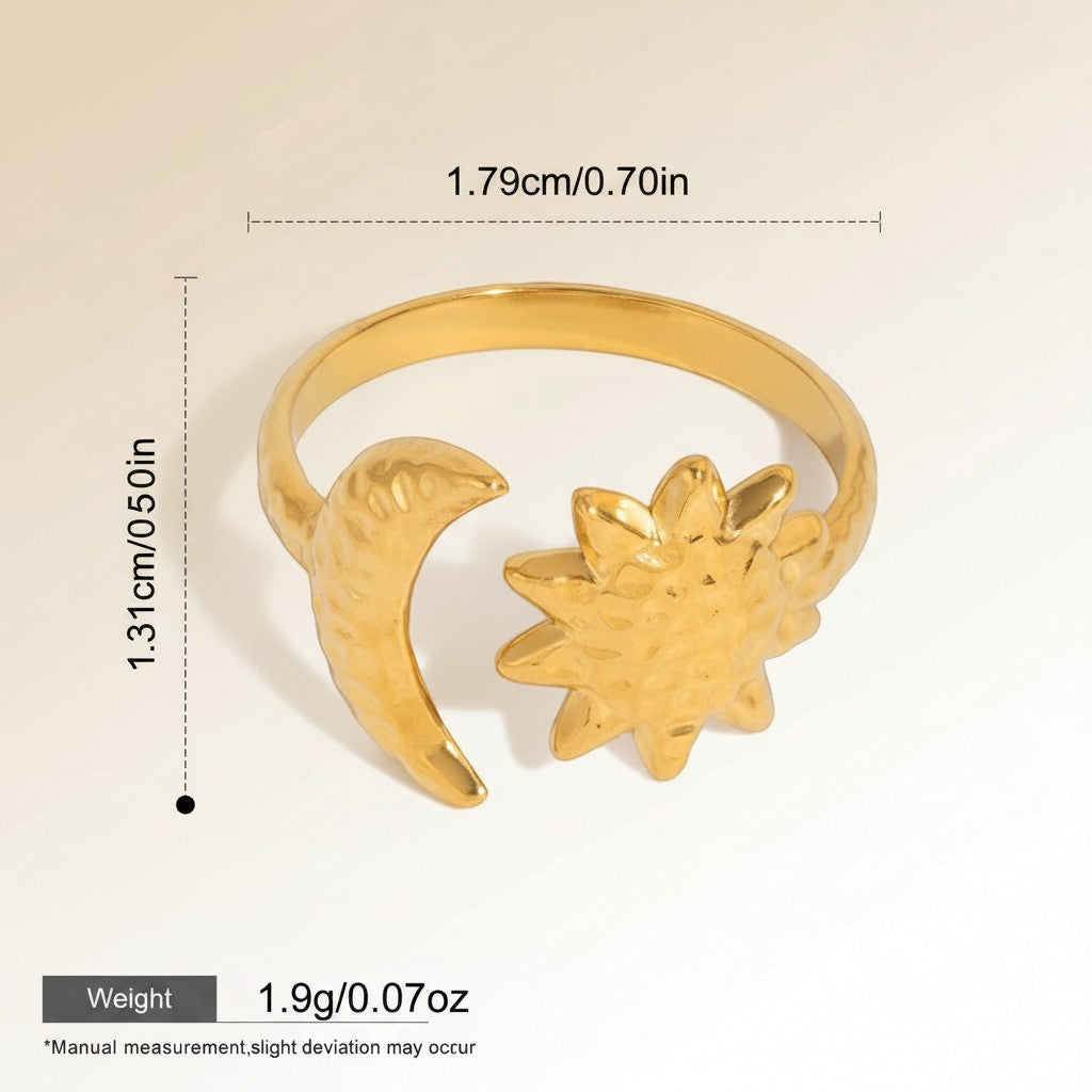 Seraphina Treasures gold open ring with sun and moon celestial motifs, adjustable, waterproof, hypoallergenic.