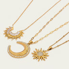 Seraphina Treasures gold necklaces with sun and crescent moon pendants, adorned with zirconia stones.