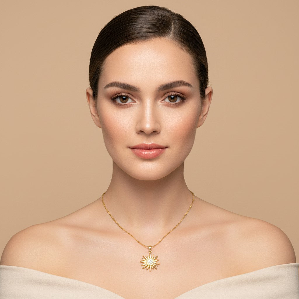 Seraphina Treasures gold sun pendant necklace with zirconia stones on a beaded chain, 40cm+5cm length.