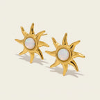 Seraphina Treasures Ophelia gold sun stud earrings with iridescent opal center. Lightweight, radiant design.