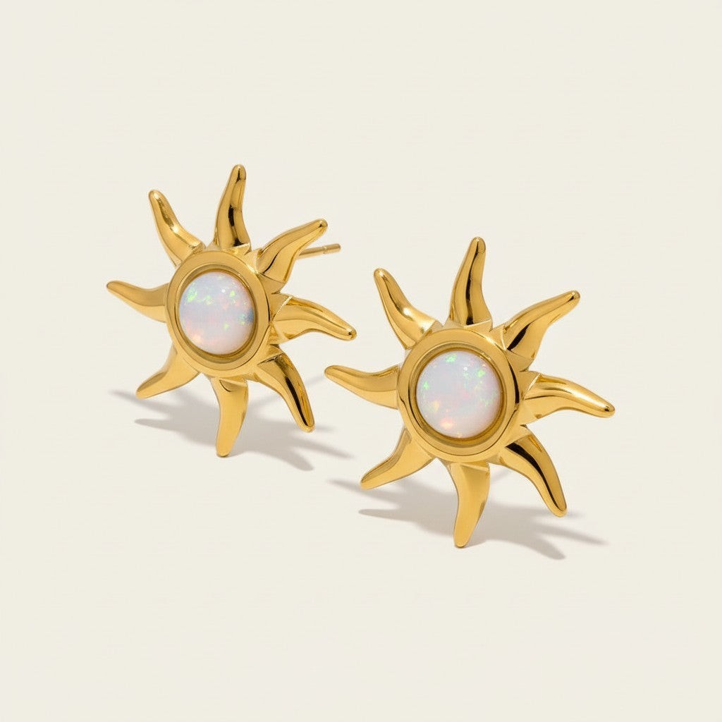 Seraphina Treasures Ophelia gold sun stud earrings with iridescent opal center. Lightweight, radiant design.