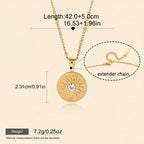 Seraphina Treasures gold sun pendant necklace with clear crystal accent and extender chain. Waterproof and hypoallergenic.