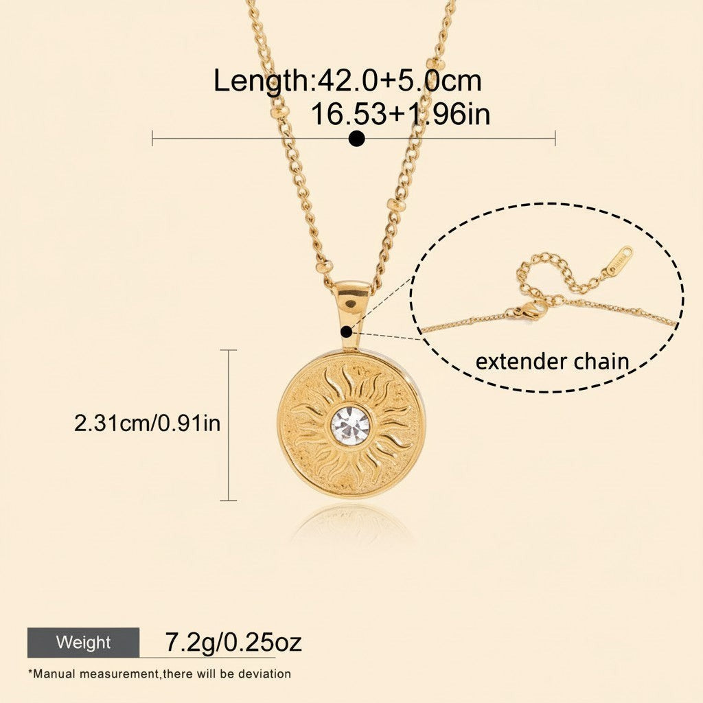 Seraphina Treasures gold sun pendant necklace with clear crystal accent and extender chain. Waterproof and hypoallergenic.