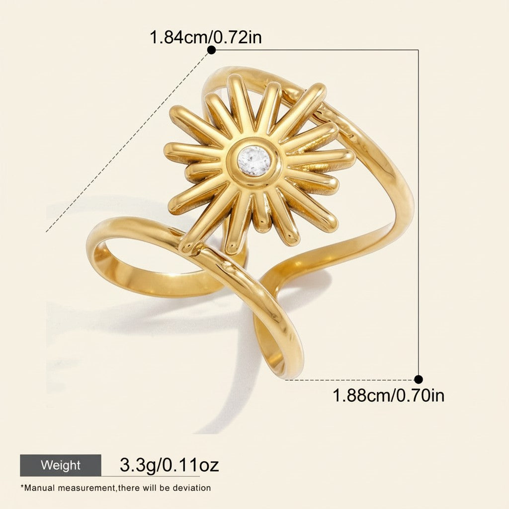 Seraphina Treasures gold sun ring with zircon stone, adjustable open band, cubic zirconia accent. Waterproof and hypoallergenic.