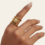 Seraphina Treasures gold sun ring with zircon stone, adjustable open band, cubic zirconia.