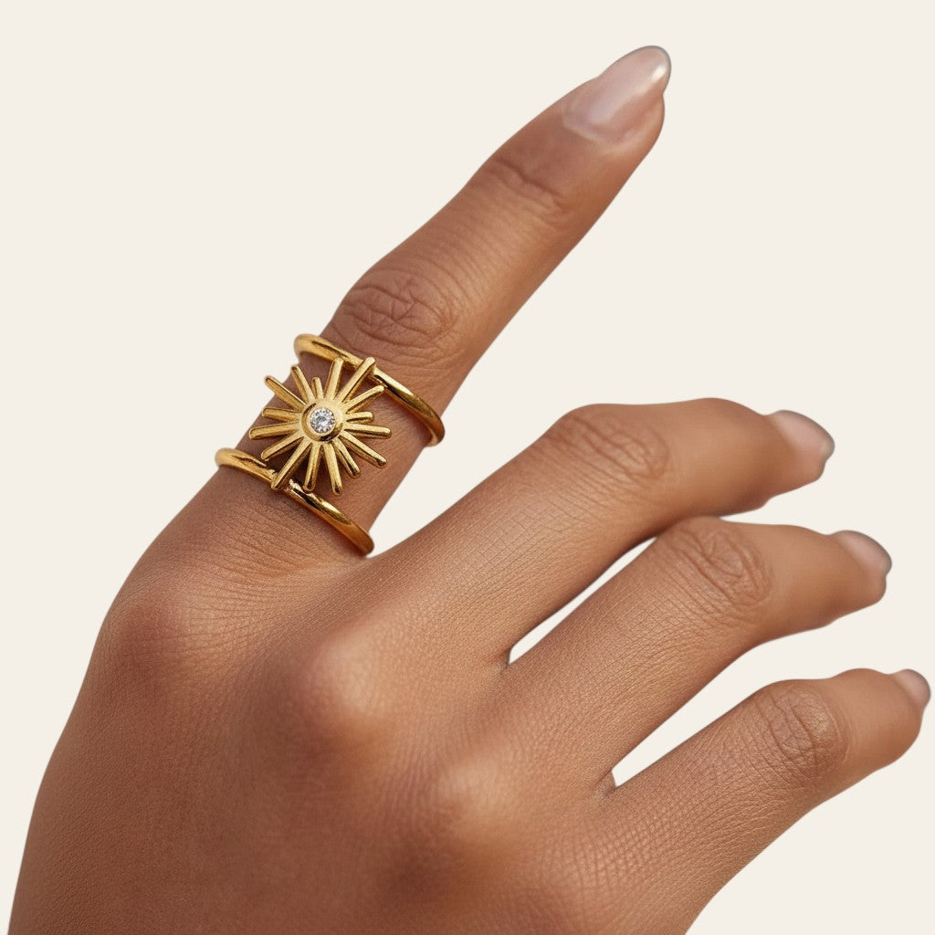 Seraphina Treasures gold sun ring with zircon stone, adjustable open band, cubic zirconia.