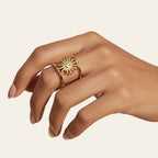 Seraphina Treasures gold sun ring with zircon stone, adjustable open band, cubic zirconia accent.