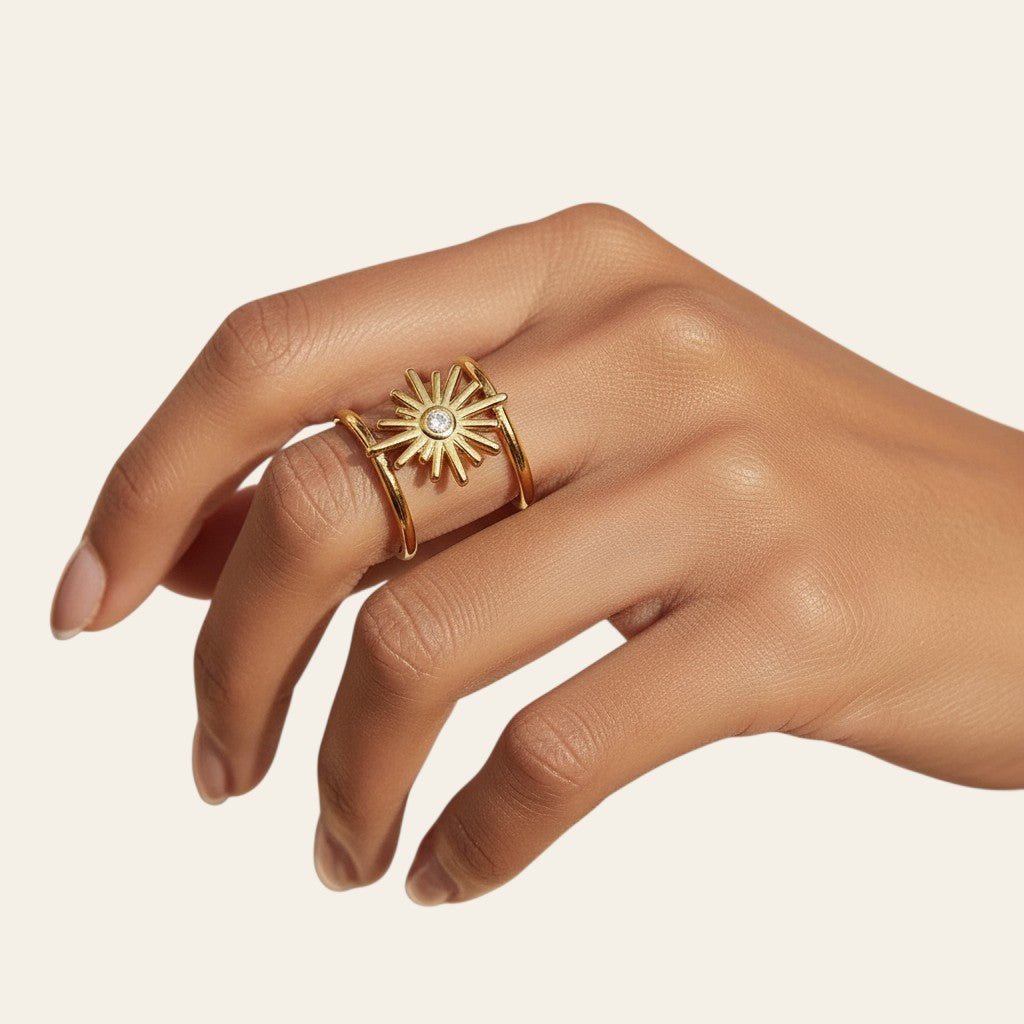 Seraphina Treasures gold sun ring with zircon stone, adjustable open band, cubic zirconia accent.